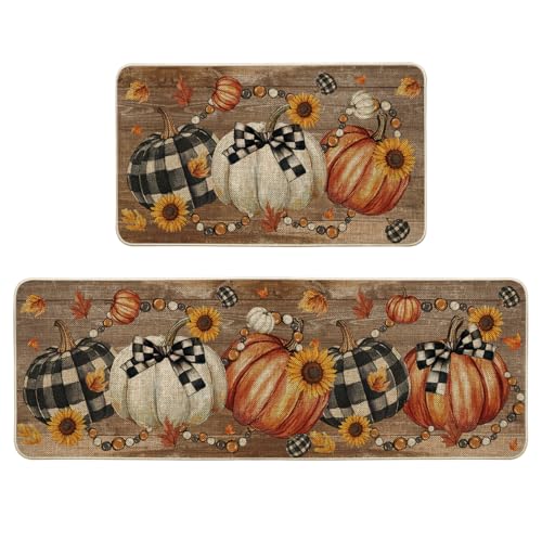 Wood Bead Pumpkin Fall Kitchen Mats Set of 2 - Non-Slip Decorative Home Decor