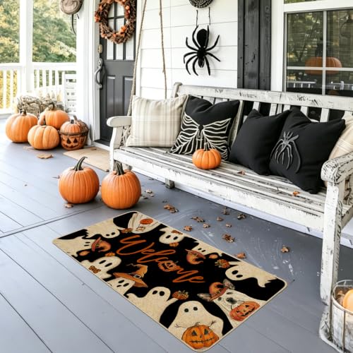 Halloween Ghost Door Mat - 17 x 36 Inch Spooky Welcome Rug with Non-Slip Rubber Backing