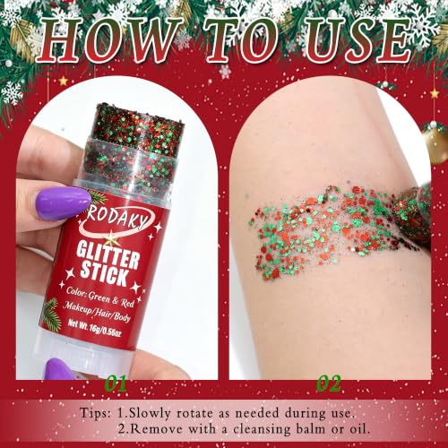 Green & Red Body Glitter Stick Christmas Face Glitter Set - Festive Makeup