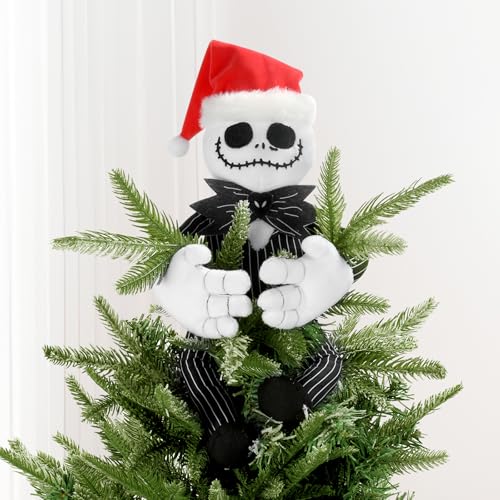 Halloween & Christmas Tree Topper Decorations - Cute Plush Jack Huggers with Santa Hat - Poseable Handmade Party Decor - Jack with Santa Hat Variation
