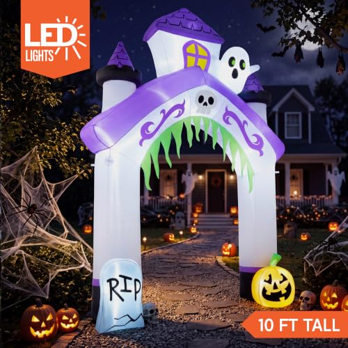 Purple Castle Arch Halloween Inflatable - 10FT Tall Haunted House Gateway with LED Lights