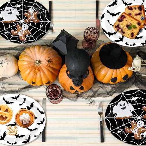 Halloween Party Plates Set - 50 Disposable Spooky Dinnerware with Spider Web & Bat Designs