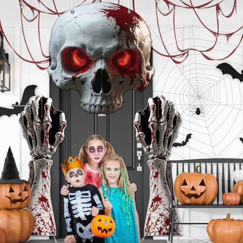 Halloween Skull Door Banner Set with Bloody Skeleton Garlands - Gothic Porch Decorations for Haunted House & Party