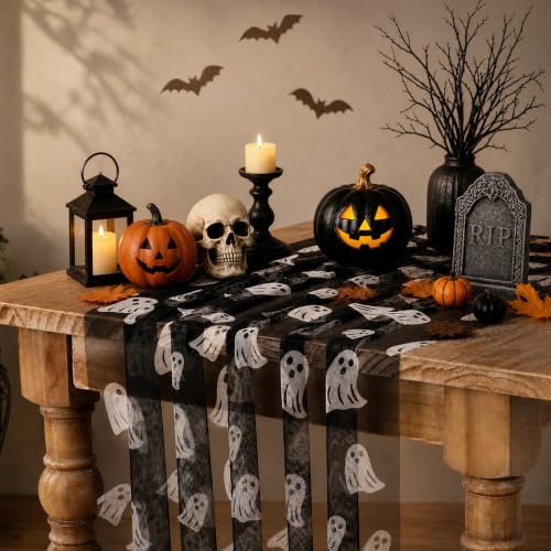 Ghost Halloween Table Runner 29x120 Inch Black Tulle Party Linen - 1 Pack