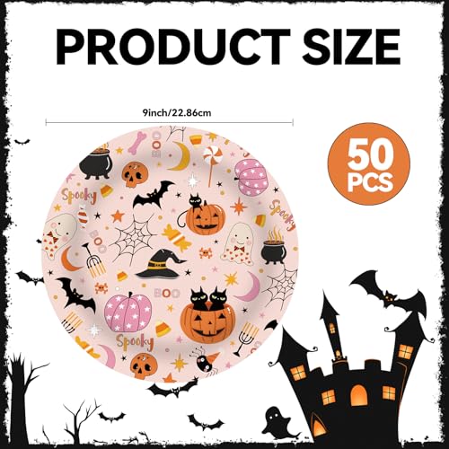 Halloween Party Paper Plates 7 Inch - Spooky Dessert Plates, 50 Pack - Pink Ghost Design - Variation of THIS listing