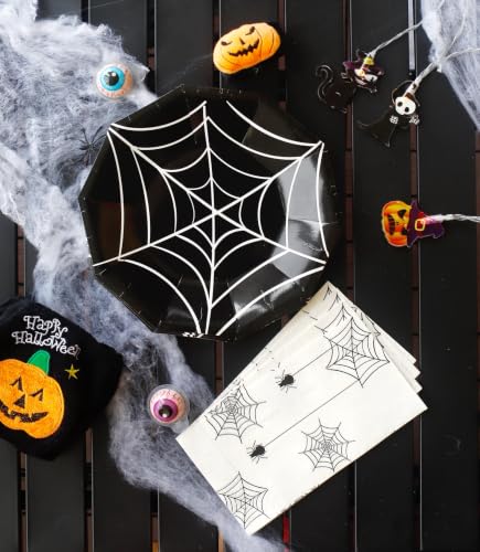 Halloween Party Plates and Napkins Set for 24 Guests - Spider Web Disposable Dinnerware