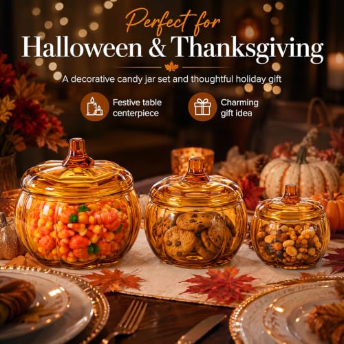 Set of 3 Amber Glass Pumpkin Jars with Lids for Fall & Halloween Decor
