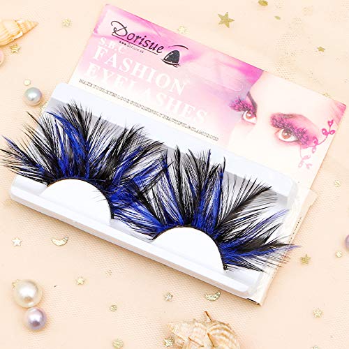 Halloween False Eyelashes Double Lip Black and Blue Extra Long Feather Lashes - Ablaze Blue & Black
