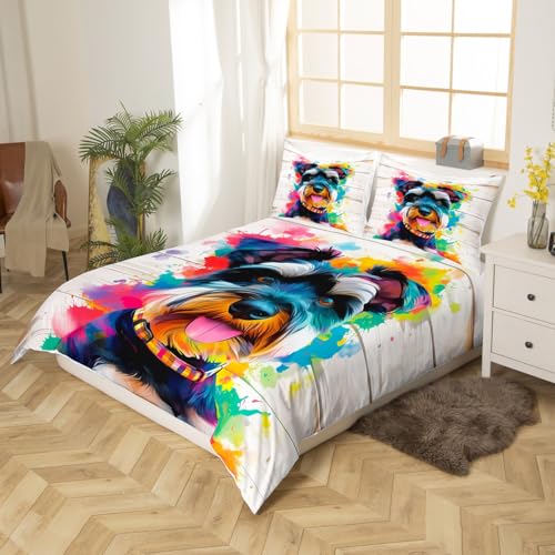 Fairy Tale Schnauzer Duvet Cover Set Twin Size Watercolor Dog Bedding with Pillowcase - White Pink