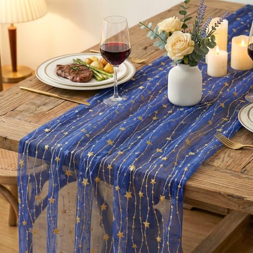 28 x 120 Inch Dark Blue Gauze Table Runner Set of 6 - Glitter Metallic Holiday & Wedding Decor