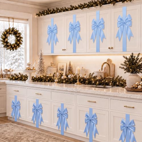 Light Blue Christmas Cabinet Ribbons Bows Set of 6 - Festive Kitchen Decor