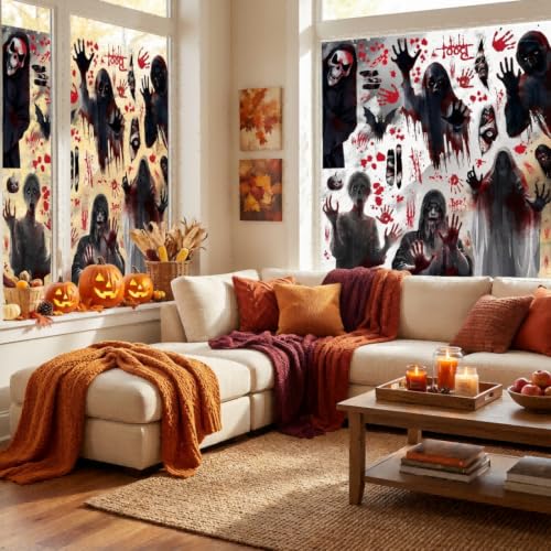Halloween Window Clings Ghost Bat Witch Decorations - Reusable Static Vinyl Stickers - 8 Piece Set with Variations 1