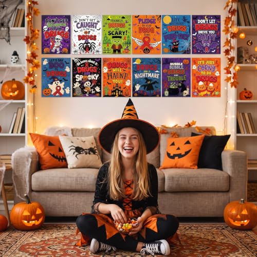 Red Ribbon Week Posters Set - Spooky Halloween Themed Anti-Drug Decorations, 12 Pack