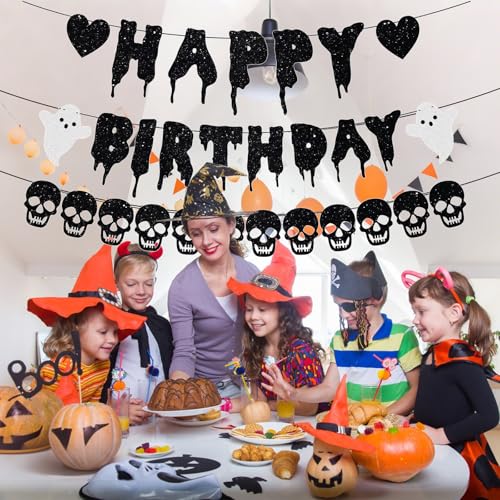 Black Glitter Halloween Birthday Banner & Skull Garland Set