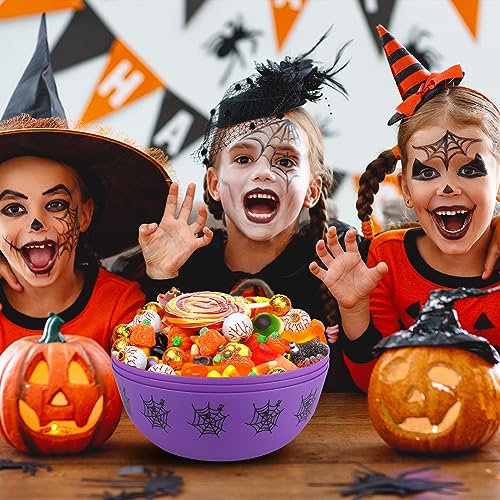 Halloween Plastic Trick Treat Candy Bowls - Large Reusable Party Supply - Purple Spider Web