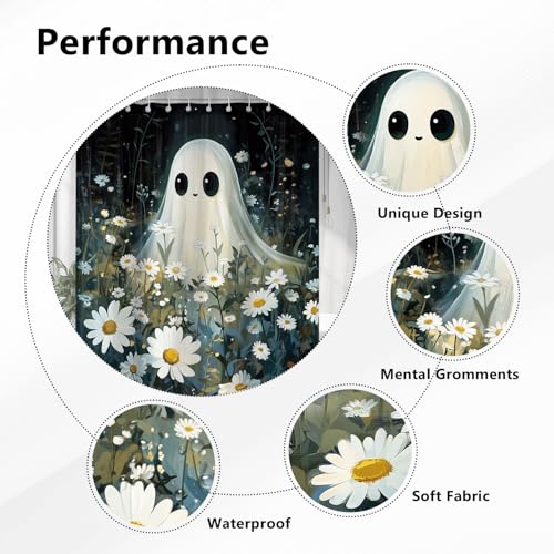 Blue Halloween Shower Curtain with Ghost & Floral Pattern Waterproof Fabric 72x72 Inches with Hooks - Variation of THIS listing
