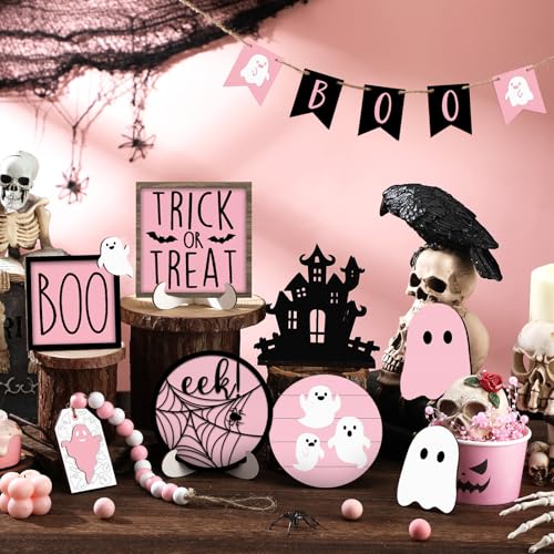 Pink Ghost Halloween Tiered Tray Decor Set - 15 Pcs Blush Pink Ghost & Boo Signs