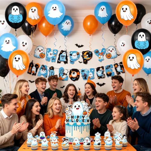 Halloween Ghost Party Decorations Set | 51-Piece Ghosts, Banner, Balloons & Cake Toppers
