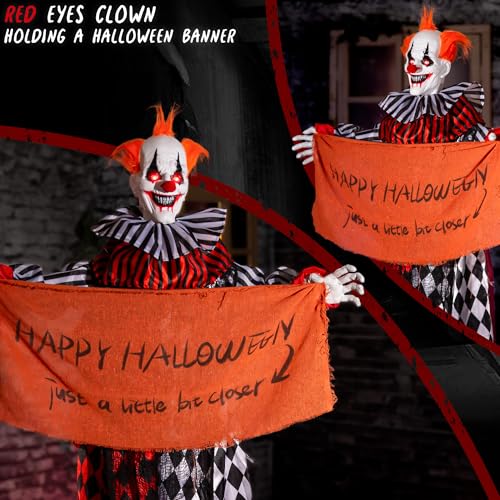 Halloween Hanging Clown Animatronic - 5ft Spooky Floating Prop with Banner, Sound & Light Activation