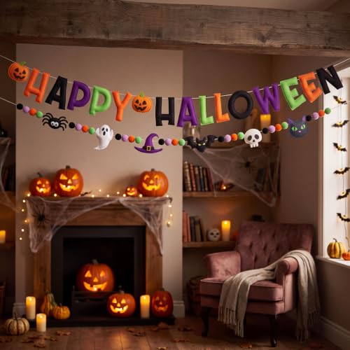 Halloween Felt Banner Set - Classic Halloween Party Decorations with 2 Banners & Pom Poms - Variation of Halloween 1