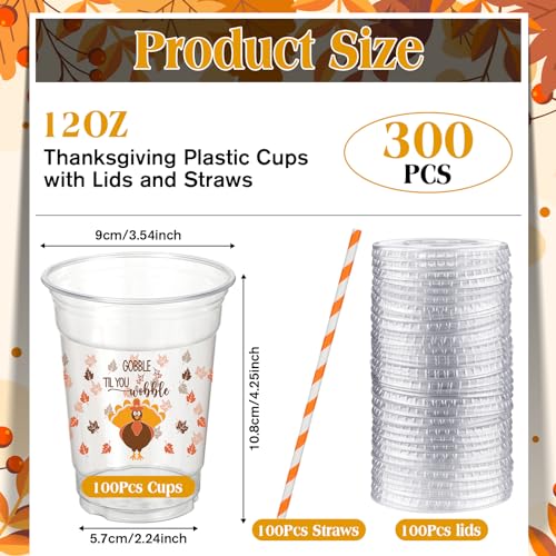 Thanksgiving Disposable Clear Plastic Cups with Maple Variation, 12 oz Set of 100