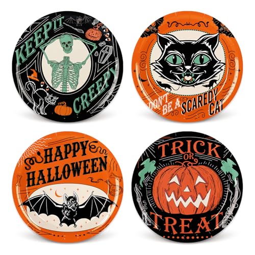 Vintage Halloween Paper Plates 40 Pack - Black Cat Pumpkin Skeleton 9 Inch Party Tableware with Variation: Vintage Halloween
