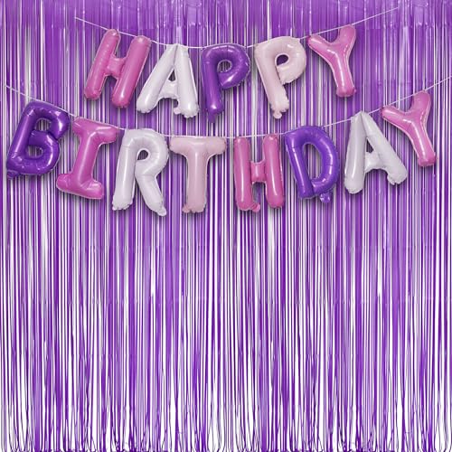 Purple Foil Fringe Party Backdrop and Pink Banner for Butterfly Celebration