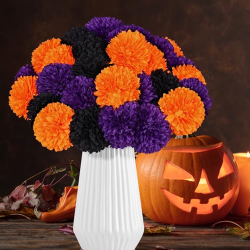 Halloween Artificial Flower Bouquet 36 Pcs Velvet Silk Chrysanthemums in Black Orange Purple with Stems — Halloween Party & Home Decor