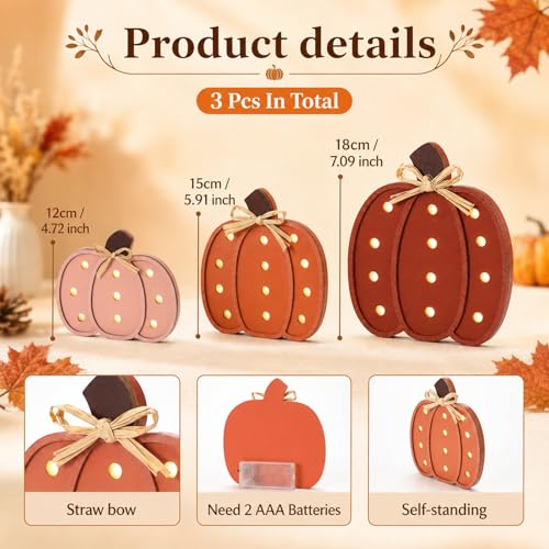 Pink Wooden Pumpkin Decor with LED Lights - Fall Halloween Thanksgiving Centerpiece