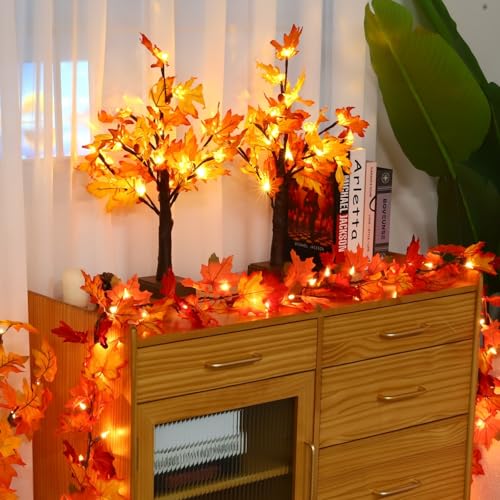 Artificial Fall Maple Tree with LED Lights - Harvest Autumn Decor for Indoor Table Fireplace