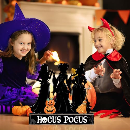 Halloween Witch Sisters Wooden Sign with Spooky Silhouettes - Centerpiece Decor