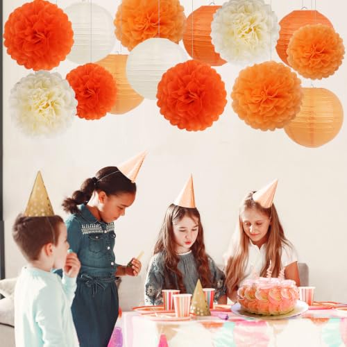 Orange Birthday Party Decorations Set with Paper Lanterns & Pom Poms - 15 pcs, Includes Tissue Flowers & Hanging Line