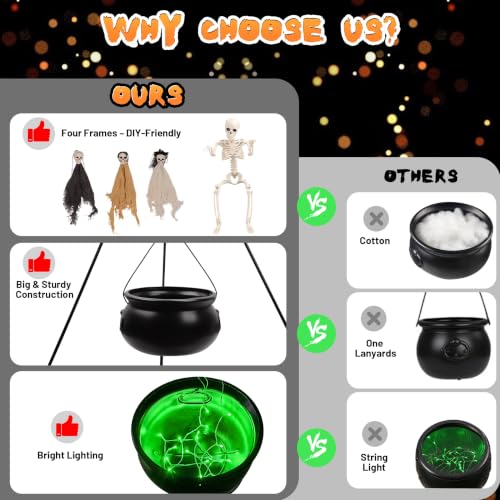 Outdoor Halloween Cauldron Decoration with Skeletons & Green Light - 53" Tripod Frame
