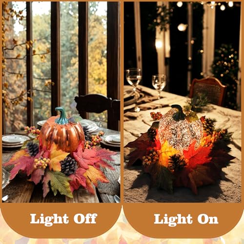 Lighted Pumpkin Fall Decor with LED String, Faux Leaves Berries Pinecones - Indoor Outdoor Thanksgiving Centerpiece