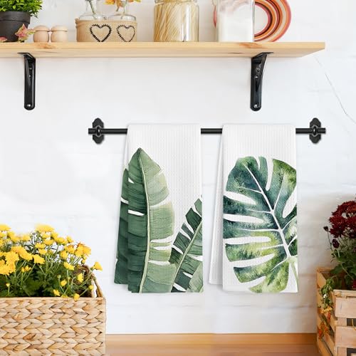 Sage Green Leaf Kitchen & Bathroom Hand Towels Set - Modern Herbs Leaves, 16x24 Inches - Leaf Variation