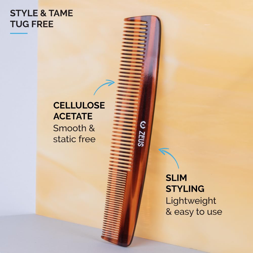 ZEUS 7.5” Large Beard & Mustache Comb, Handmade Saw-Cut Comb for Men’s Grooming, Anti-Static, Ultra-Smooth Finish for Snag-Free Styling (Traditional) C11