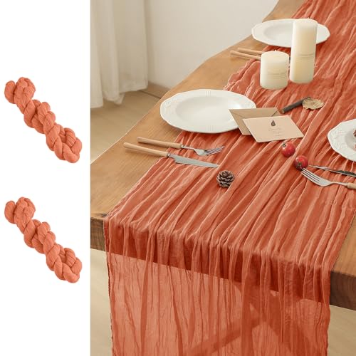 Orange Boho Rustic Cheesecloth Table Runner 2-Pack - 35x120 Inch for Weddings & Events - Variation: Orange / 2PC