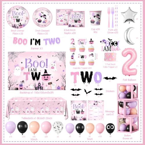 All-in-One Halloween Boo I'm Two Birthday Decorations for Girls - Ghost, Pumpkin, Bat, Witches Hat Theme, 264pcs