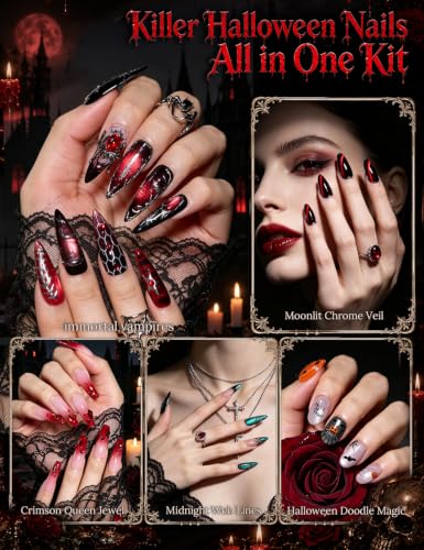 Dark Red Vampiric Feast Gel Nail Polish Kit with UV Light - Halloween Set