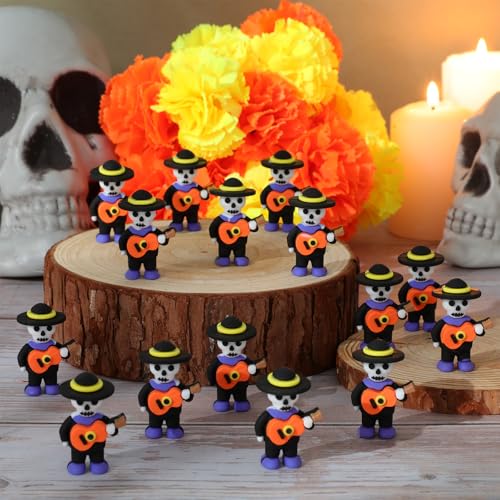 Day of the Dead Skeleton Figurines Set - 50 Mini Mariachi Skeleton Statues with Guitars - Halloween Decor