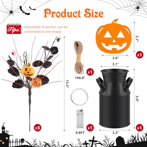 Halloween Decor Set with Artificial Pumpkins, Eyeballs, Eucalyptus Stems & String Lights - Halloween Centerpieces for Indoor Home Party - Variation of Halloween Decor