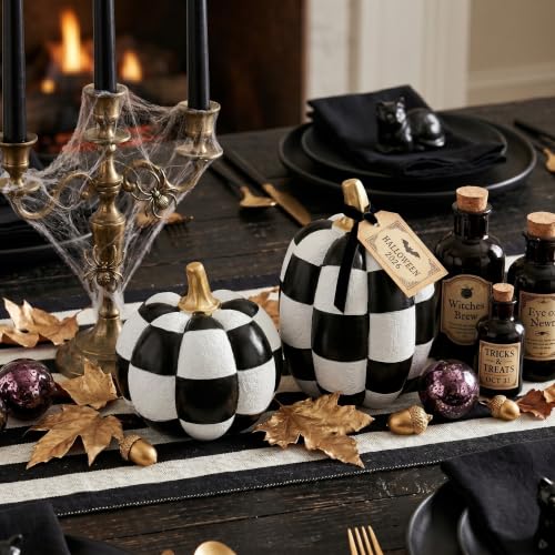 Black and White Checkered Pumpkins with Gold Stem - Resin Halloween Decor Set of 2