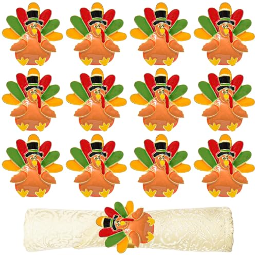 Turkey Napkin Rings Set of 12 for Thanksgiving Fall Table Decor - Harvest Turkey Variation