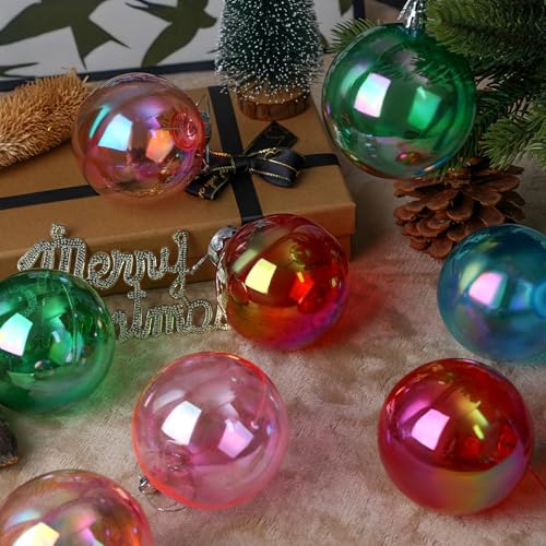 Multicolored Iridescent Plastic Christmas Ball Ornaments - 12PCS 60MM Set