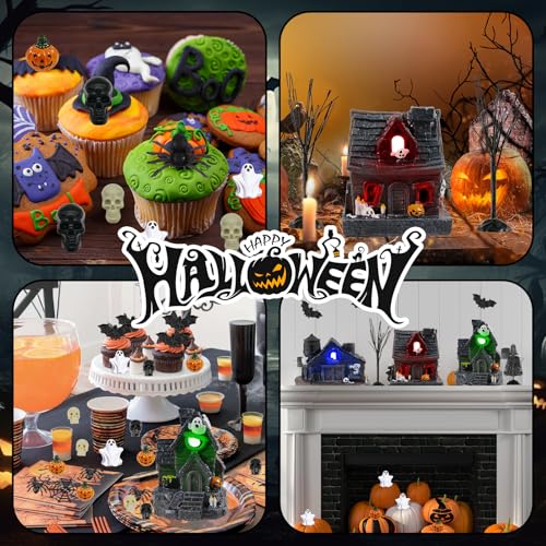 Halloween Village Set with Miniature Houses, Pumpkins & Spiders - 51PCS