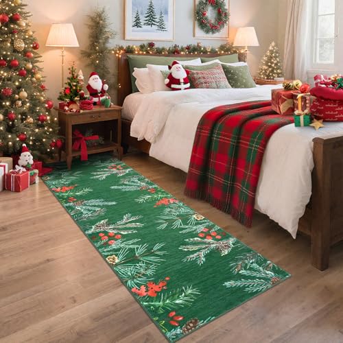 Pinecone-Green Christmas Botanical Rug Runner - Non-Slip Holiday Floor Mat 2' x 6'