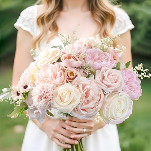 Pink Wedding Artificial Flowers Set with Stems for Bouquets & Decor - Variation Pink2