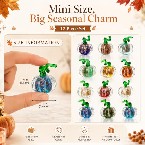 12-Piece Mini Hand Blown Glass Pumpkins Set - Fall Halloween Thanksgiving Decor