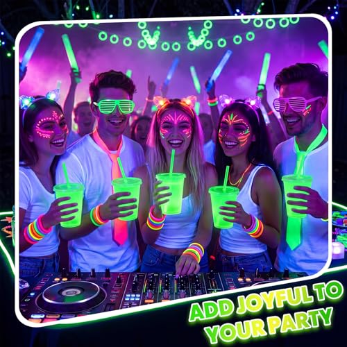 Glow in the Dark Halloween Cups - 15 Pack 12 oz Fluorescent Green Drinkware with Lids & Straws