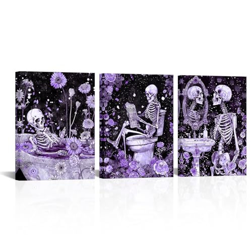 Gothic Skeleton Wall Art Set - Purple Moody Bathroom Decor 12x16 Inch Framed